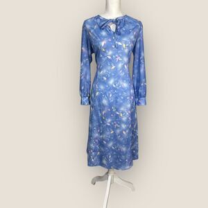 Vintage Chiffon Midi Dress Blue Leaf Print Tie Neck